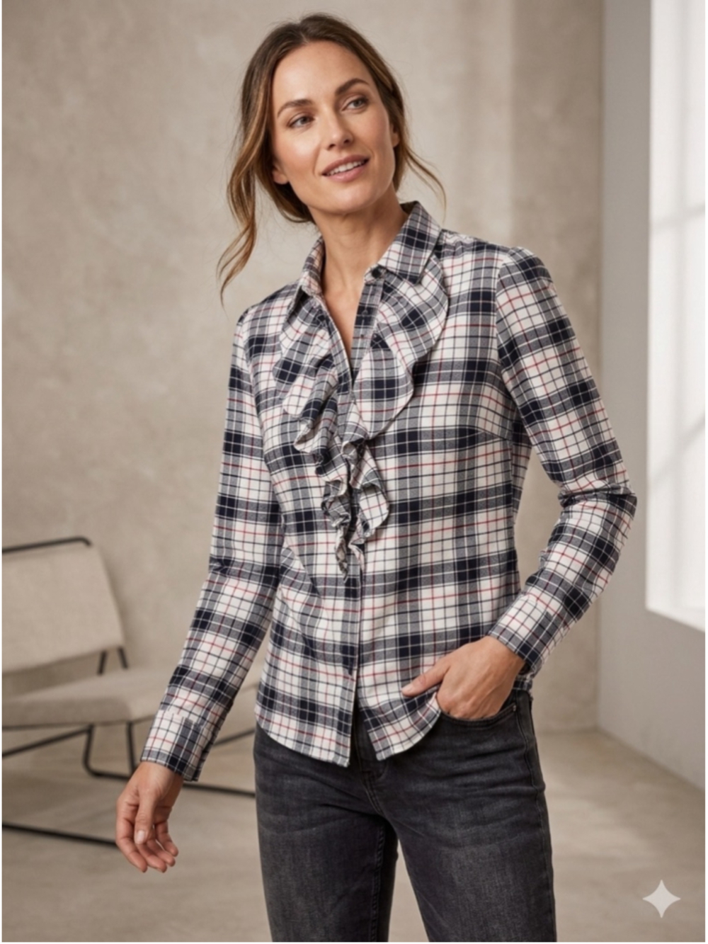 Women's Tommy Hilfiger Plaid Ruffle Button Down Shirt, Size L, White/Black 1929